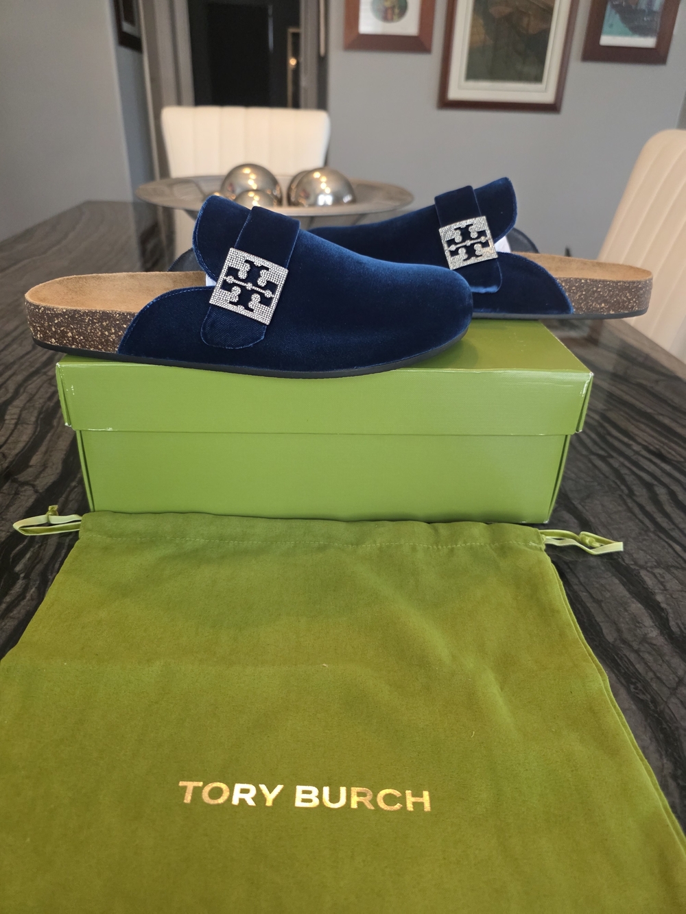 NWT Tory Burch Mellow Pave Crystal Velvet Slide Mules in Navy Size 9.5
